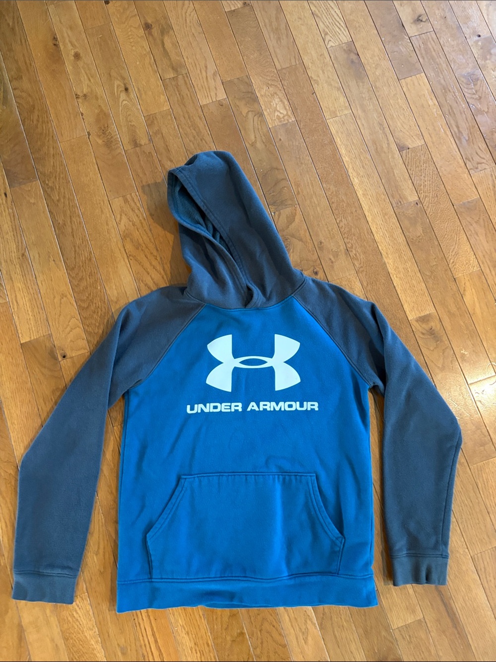 Under Armour Teal Blue Pullover Hoodie with Gray Sleeves size youth large